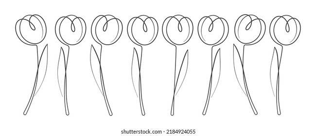 Set Of Tulips In Line Art Style On White Backround. Vector Clipart For Your Spring And Summer Projects.