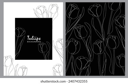 Set of tulips line arts plant hand drawn vector banner. Vector illustration. Tulip flower bouquet with line pattern on white