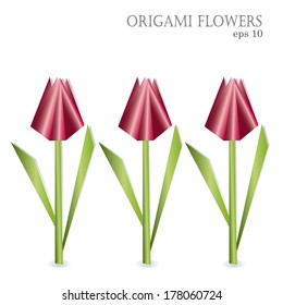 set of tulips paper origami flowers vector illustration isolated on white background EPS10.