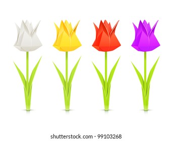 set of tulips paper origami flowers vector illustration isolated on white background EPS10. Transparent objects and opacity masks used for shadows and lights drawing