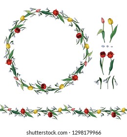 Set with tulips and snowdrops. Round frame, endless horizontal border and elements on white background. Romantic floral elements for season greeting cards, posters, advertisement