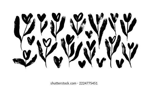 Set of tulips stems with heart blossoms. Brush drawn vector botanical elements isolated on white background. Sketch style floral branches for love holidays or weddings. Hand drawn silhouettes