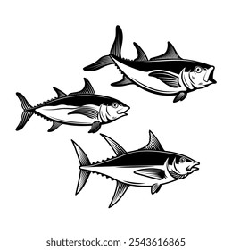 Set of Tuna fish illustration on white background. Design element for logo, label, emblem, sign, badge. Vector image