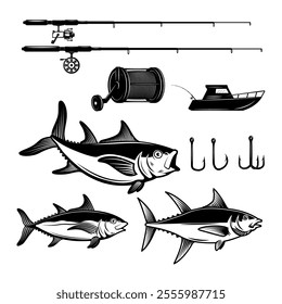 Set of Tuna fish illustration on white background. Design element for logo, label, emblem, sign, badge. Vector image