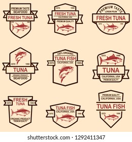 Set of tuna fish labels. Design element for logo, label, emblem, sign. Vector illustration