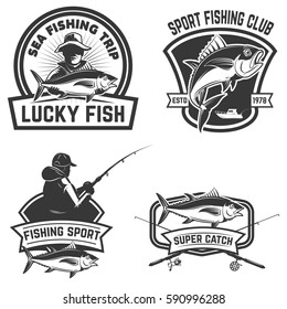 Set of the tuna fishing labels. Design elements for logo, emblem, sign. Vector illustration.