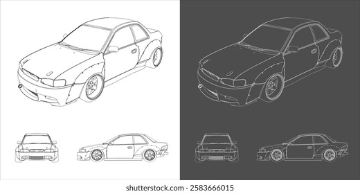 Set Tuning Drift Car Blueprint Technical Line Drawing Illustration