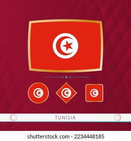 Set of Tunisia flags with gold frame for use at sporting events on a burgundy abstract background. Vector collection of flags.