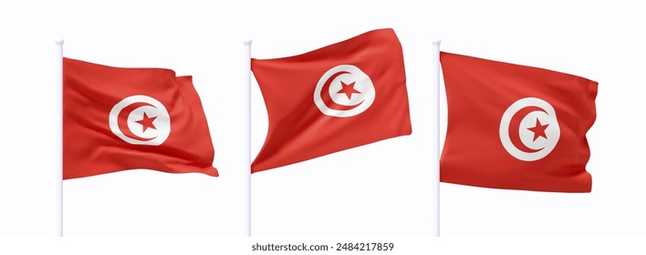 Set of Tunisia waving flag on flagpole. Realistic 3d design flag flies on the wind on isolated white background. vector illustration