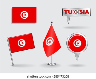 Set of Tunisian pin, icon and map pointer flags. Vector illustration.