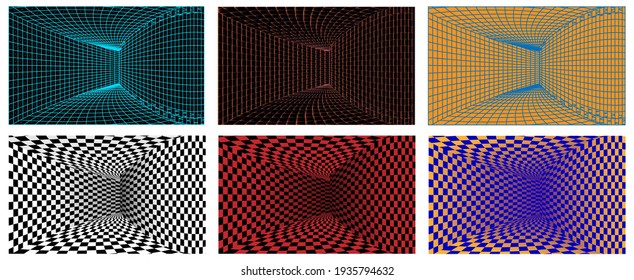 Set of Tunnels image. Digital wireframe tunnel. 3D tunnel grid. Background abstract vector image