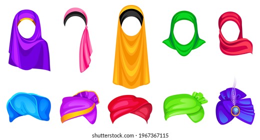 Turban- und Hijab-Kopfbekleidung für Männer und Frauen, orientalische und indianische Wrapper in verschiedenen Farben, Formen und Design. Arabianischer Schal für Frauen, Heide für Männer, Vektorgrafik Cartoon, Clipkunst