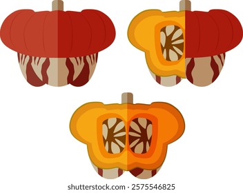 Set of Turban Squash or Turk’s Turban. Winter squash. Cucurbita maxima. Vegetables. Flat style. Isolated vector illustration.