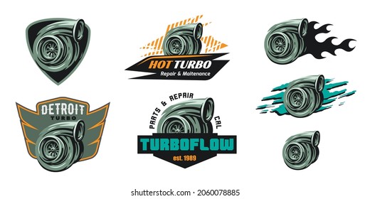 Set of turbo compressor emblems and badges. Logo of turbocharger for repair or maintenence shop, or car tuning company.