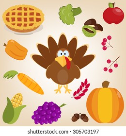 Set with turkey, autumn leaves, pumpkin, carrot, acorns, chestnuts, berries in cartoon style. Funny character Thanksgiving. Happy Thanksgiving funny illustration. Flat style.