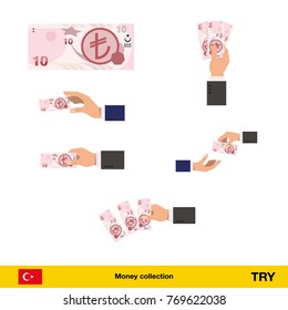 Set of turkey banknote. Holding, throwing lira banknote.
