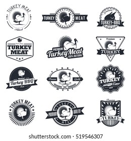 Set of turkey bird retro badges, logo and design elements for advertising. Turkey meat stickers and  labels. Isolated