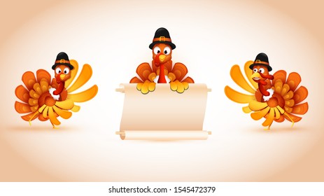 Set Of Turkey Bird Wearing Pilgrim Hat With Blank Scroll Paper Given For Your Message.