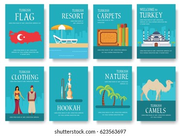 Set of Turkey country ornament travel tour concept. Monument traditional, magazine, book, poster, abstract, element. Vector decorative ethnic greeting card or invitation design background