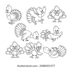 Set of turkey doodle collection, turkey outline coloring page or book animals for kindergarten, Vector line art set of animals wildlife, Hand drawn, Minimal turkey line art doodle in different pose.