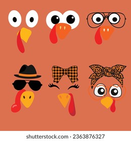 Set of turkey face vector illustration. Cute funny Thanksgiving turkey faces