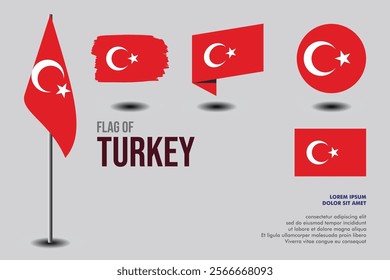 Set of Turkey flag in 5 designs: flag on pole, brush stroke, skew, round and standard. vector, flat, isolated on grey background