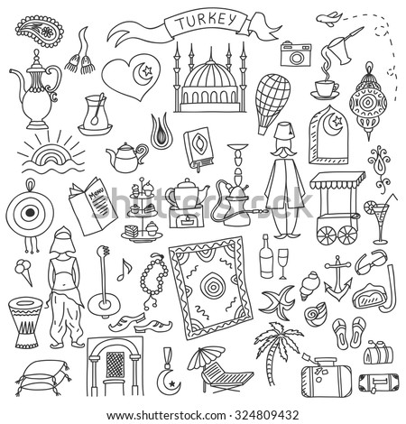 Set of Turkey icons doodle. Hand drawn vector illustration.