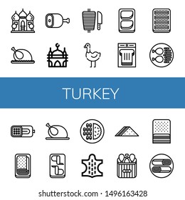 Set Of Turkey Icons Such As Mosque, Chicken, Ham, Shawarma, Ostrich, Chicken Breast, Sandwich, Bacon, Chicken Leg, Meatloaf, Wings, Meat, Animal , Turkey