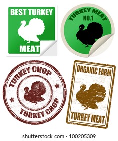 Set of turkey meat labels and stamps on white, vector illustration