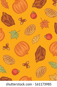 set of turkey, pumpkin, acorn, leaves, pie and apple
