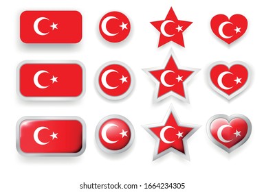 Set of Turkey vector labels square button, circle button, star and heart buttons in flag colors red, white for flyer, poster or any holiday design