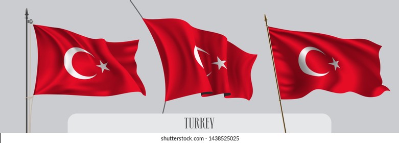 Set Turkey waving flag isolated background vector illustration  3 red Turkish  wavy realistic flag as patriotic symbol 