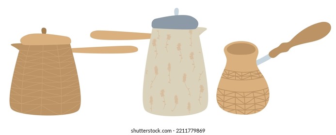 set of Turkish Coffee Pot vector illustration isolated on white background. Coffee cezve set. Bowl with a handle for making coffee on the stove. Turkish pots of coffee.