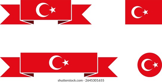 Set of Turkish Flag or Flag of Turkey or Türkiye including Short and Long Folded Ribbon Banner Style, Standard Plain and Round Shapes. Vector Image.