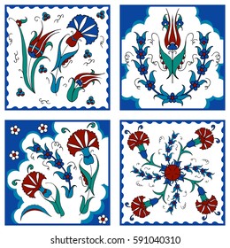 Set of turkish floral design. 
Turkish tulip and carnation.
Traditional ottoman tile ornament. Seamless pattern.
