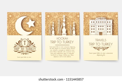 Set of Turkish flyer page ornament illustration concept. Art traditional, Islam, arabic, abstract, ottoman motifs, elements. Vector decorative ethnic greeting card 