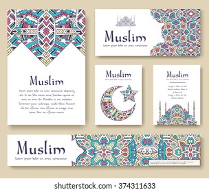 Set of Turkish flyer page ornament illustration concept. Art traditional, Islam, arabic, abstract, ottoman motifs, elements. Vector decorative ethnic greeting card or invitation design background.