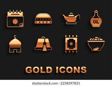 Die türkische Hut, Essential Oil Flasche, Date Frucht in Schüssel, Traditioneller Teppich, Moschee Moslem, Öllampe, Ramadan Kalender und für das Gebet Icon. Vektorgrafik