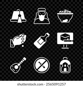 Set Turkish hat, Muslim man, Date fruit in bowl, Lute, No Smoking, Ramadan Kareem lantern, Hands praying position and Bottle of water icon. Vector