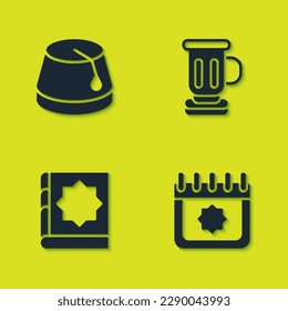 Set Turkish hat, Ramadan calendar, Holy book of Koran and Medieval goblet icon. Vector