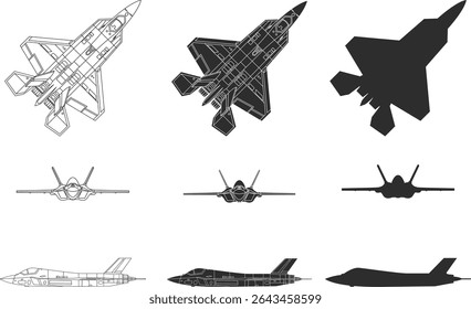 Conjunto de caças turcos TAI Kaan, ícones de vista frontal e lateral, ícones de linha de avião, isolamento e silhueta em cores pretas.