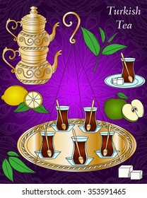 Set of Turkish tea. Vector  tea line icon. 

