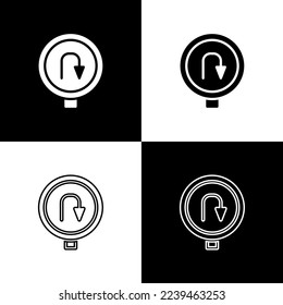Set Turn back road icon isolated on black and white background. Traffic rules and safe driving.  Vector