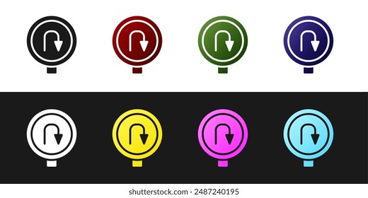 Set Turn back road icon isolated on black and white background. Traffic rules and safe driving.  Vector