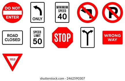 Set Turn Left Right Speed Limit 50 No Parking Sign Road Traffic Regulatory Signage Vector EPS PNG Transparent No Background Clip Art 