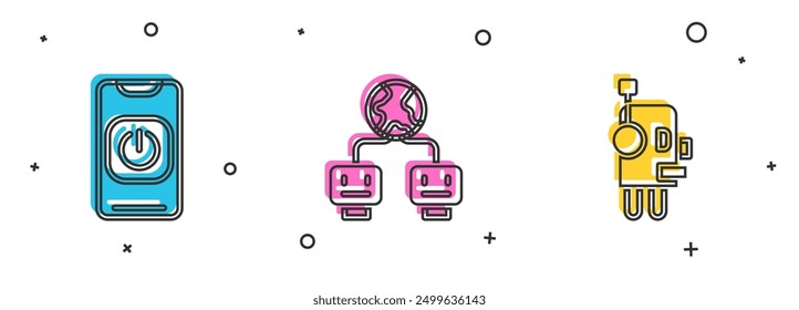Set Turn off robot from phone, Artificial intelligence and Robot icon. Vector