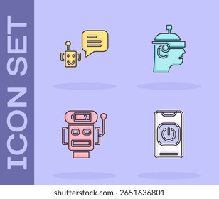 Set Turn off robot from phone, Bot, Robot low battery charge and Smart glasses icon. Vector