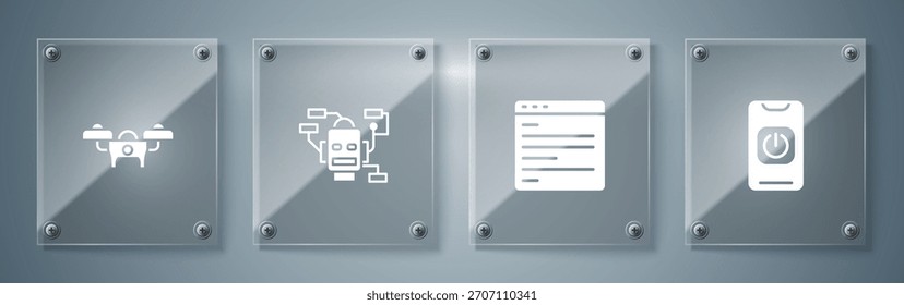 Desativar robô do telefone, interface api do computador, robô e drone. Painéis de vidro quadrados. Vetor