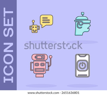 Set Turn off robot from phone, Bot, Robot low battery charge and Smart glasses icon. Vector