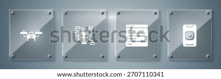 Set Turn off robot from phone, Computer api interface, Robot and Drone. Square glass panels. Vector